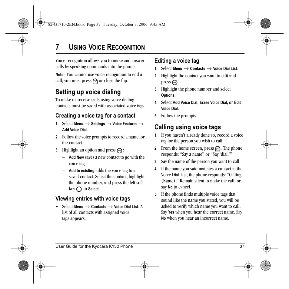 Setting up voice dialing, Calling using voice tags, Sing | Oice, Ecognition, Creating a voice tag for a contact, Viewing entries with voice tags, Editing a voice tag | Kyocera K132 User Manual | Page 45 / 64