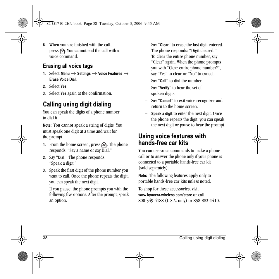 Calling using digit dialing, Using voice features with hands-free car kits, Erasing all voice tags | Kyocera K132 User Manual | Page 46 / 64