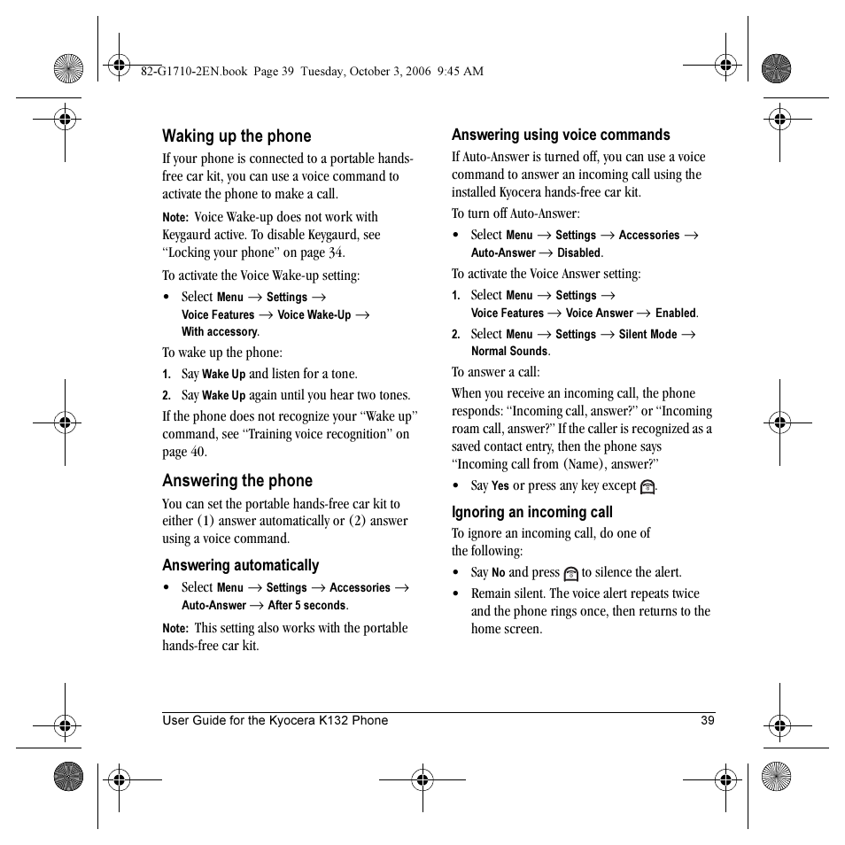 Waking up the phone, Answering the phone | Kyocera K132 User Manual | Page 47 / 64