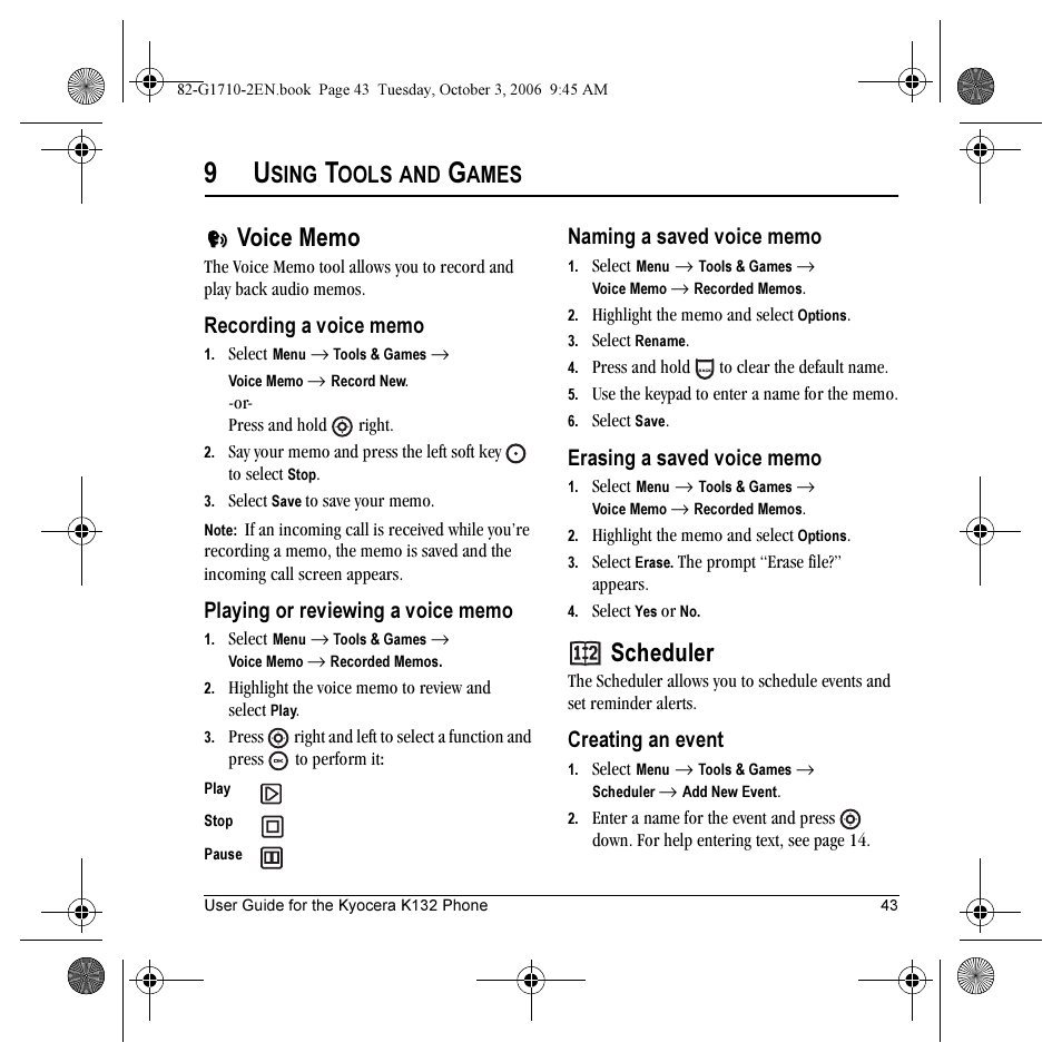 Scheduler, Sing, Ools | Ames, Creating an event | Kyocera K132 User Manual | Page 51 / 64