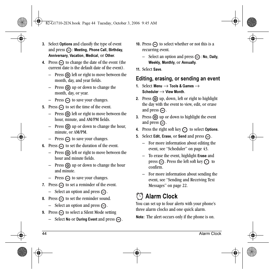 Alarm clock, Editing, erasing, or sending an event | Kyocera K132 User Manual | Page 52 / 64