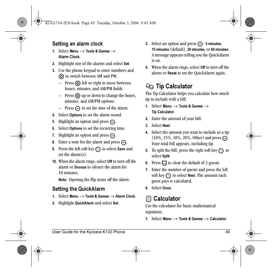 Tip calculator, Calculator, Setting an alarm clock | Setting the quickalarm | Kyocera K132 User Manual | Page 53 / 64