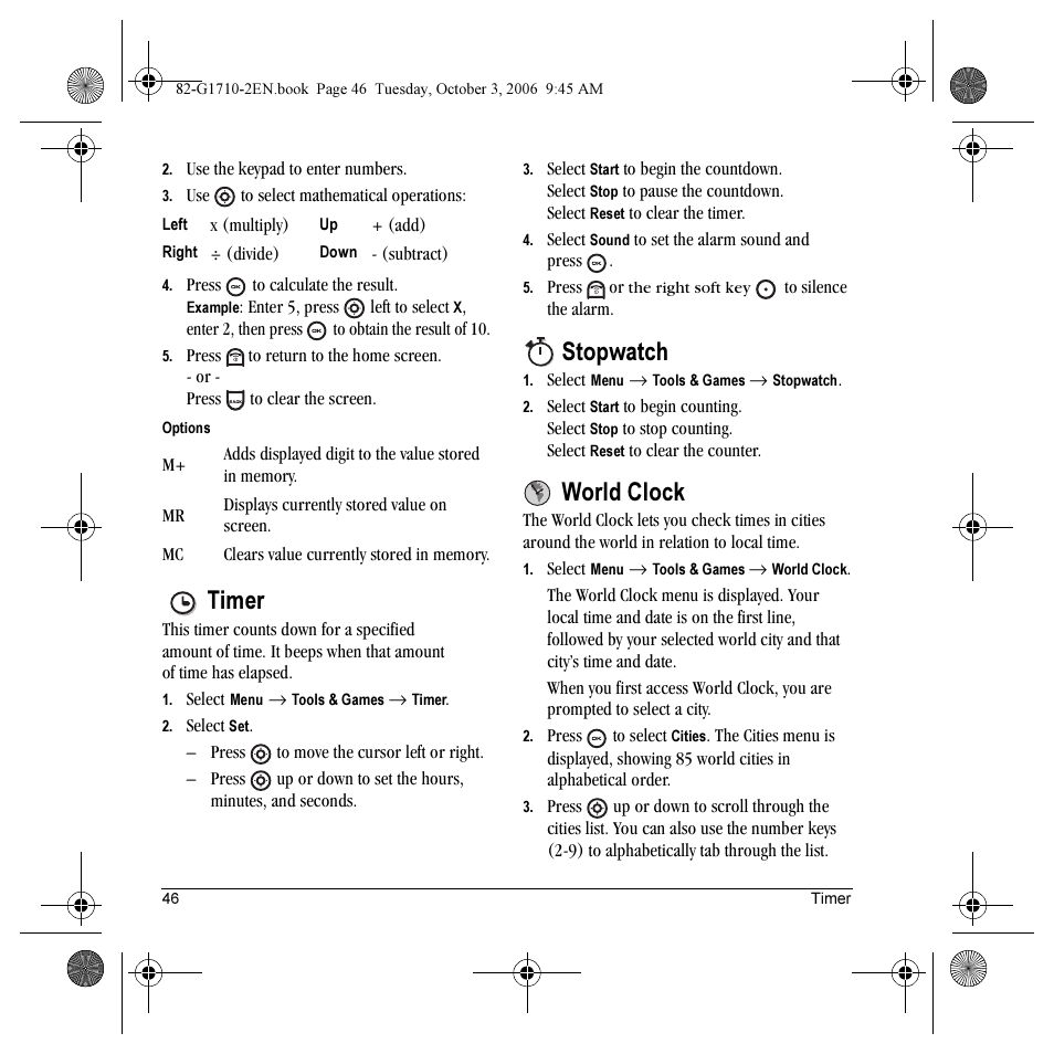 Timer, Stopwatch, World clock | Kyocera K132 User Manual | Page 54 / 64
