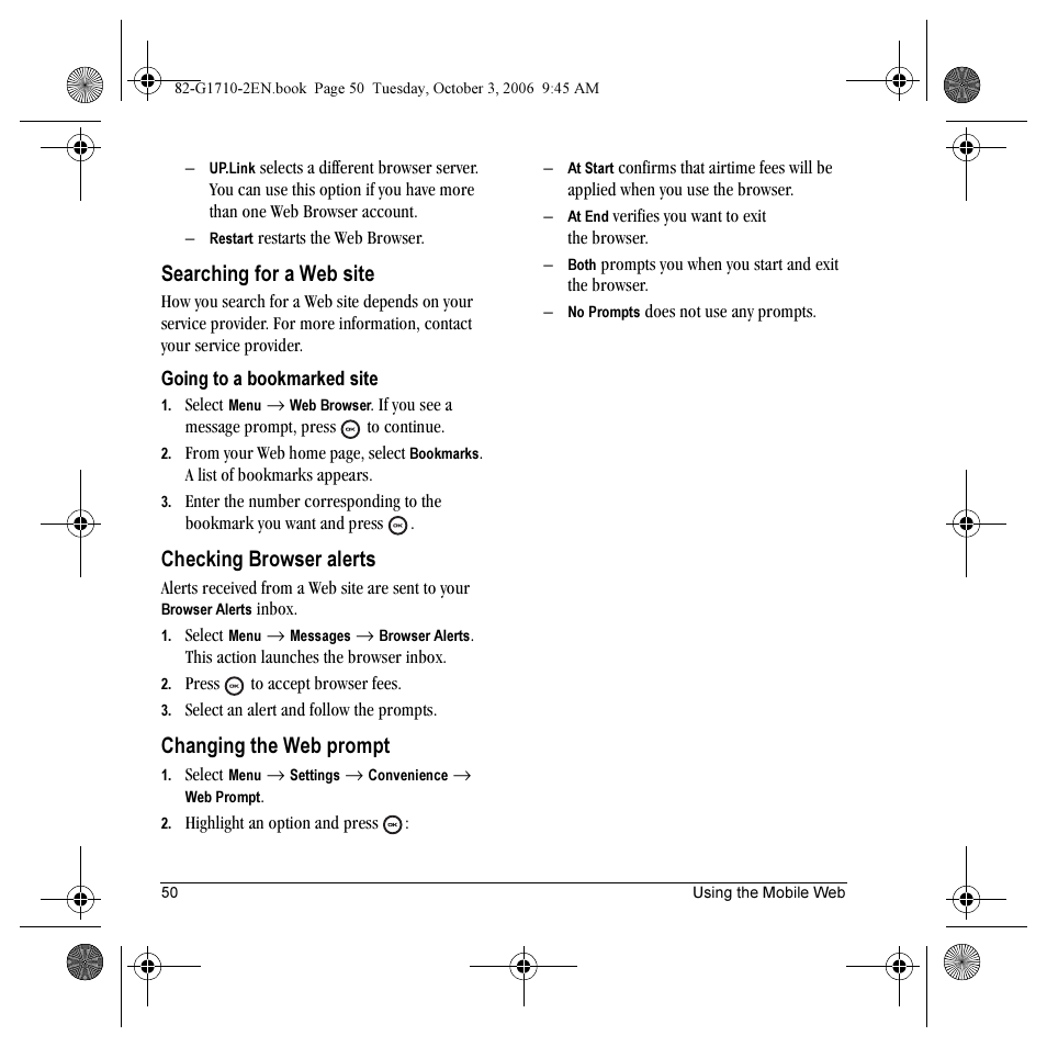 Searching for a web site, Checking browser alerts, Changing the web prompt | Kyocera K132 User Manual | Page 58 / 64