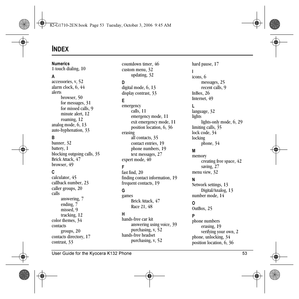 Ndex | Kyocera K132 User Manual | Page 61 / 64