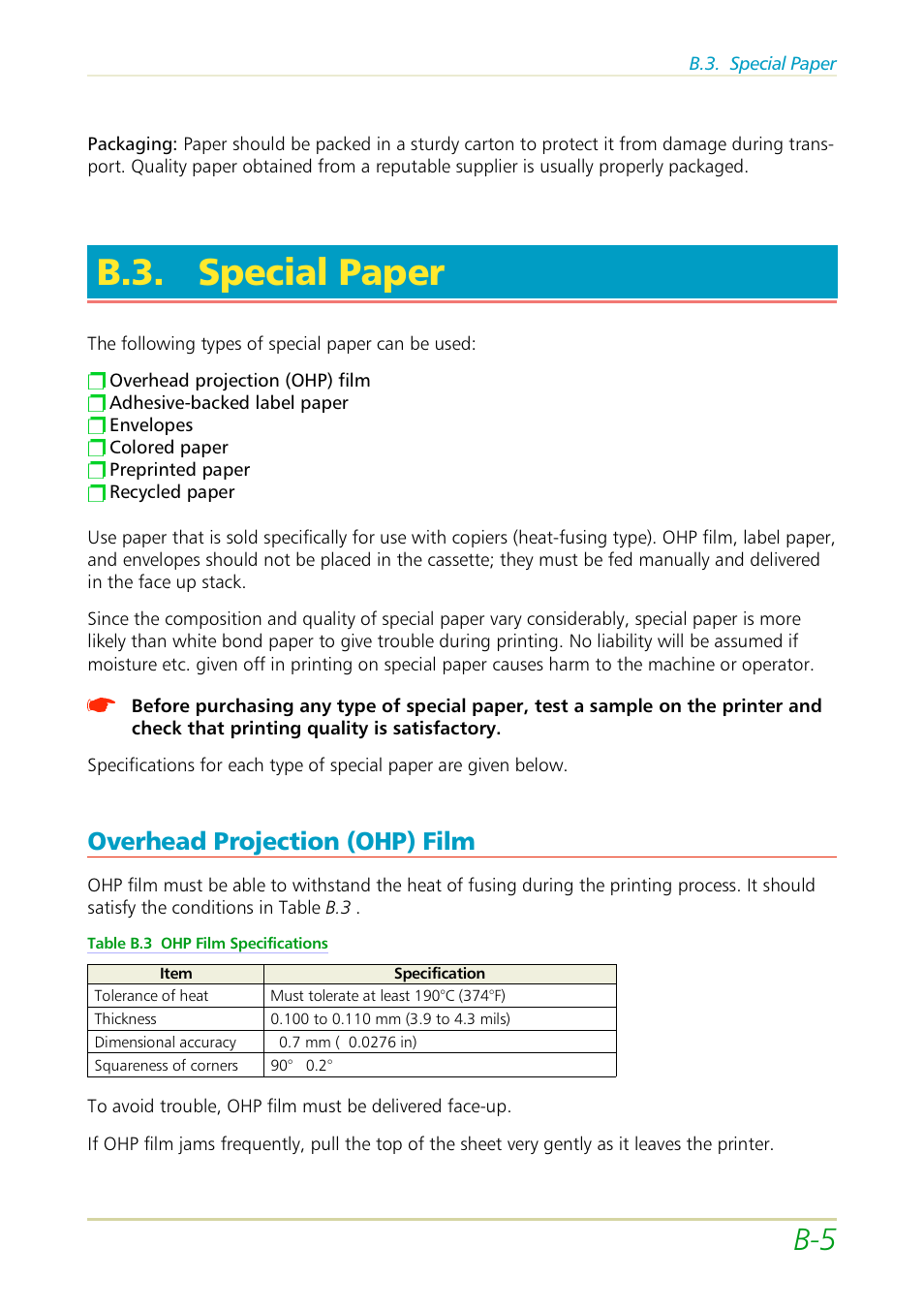 B.3. special paper, Overhead projection (ohp) film | Kyocera FS-3700 User Manual | Page 98 / 116