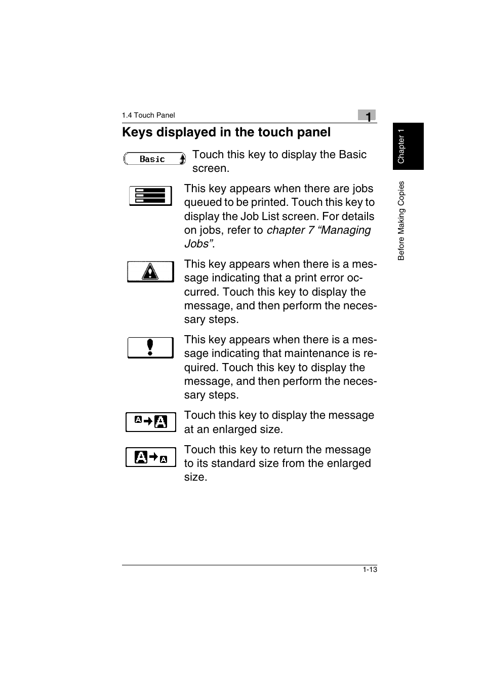 Keys displayed in the touch panel -13, Keys displayed in the touch panel | Kyocera KM-C2230 User Manual | Page 20 / 150