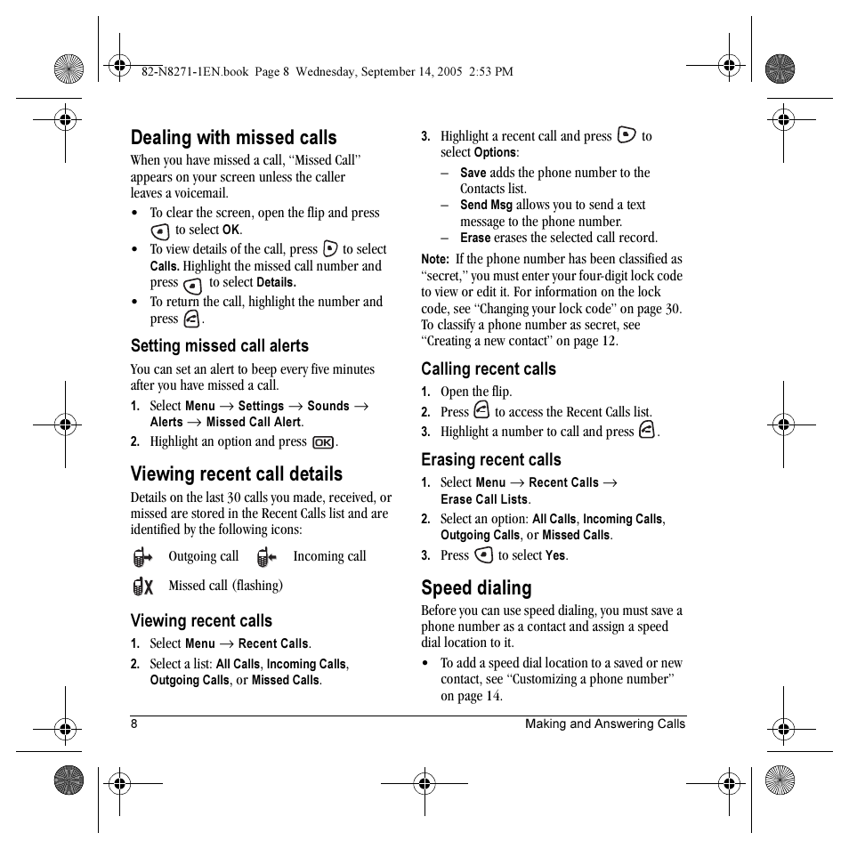 Dealing with missed calls, Viewing recent call details, Speed dialing | Setting missed call alerts, Viewing recent calls, Calling recent calls, Erasing recent calls | Kyocera KX9 User Manual | Page 15 / 50