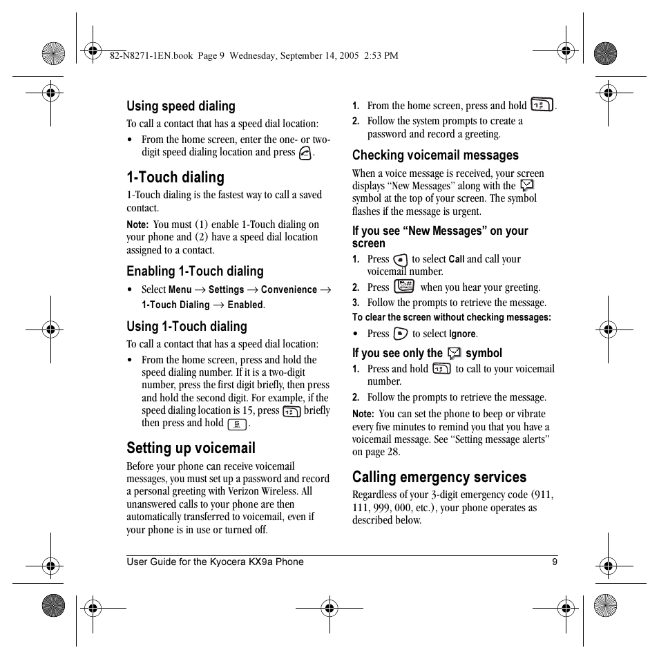 Touch dialing, Setting up voicemail, Calling emergency services | Kyocera KX9 User Manual | Page 16 / 50