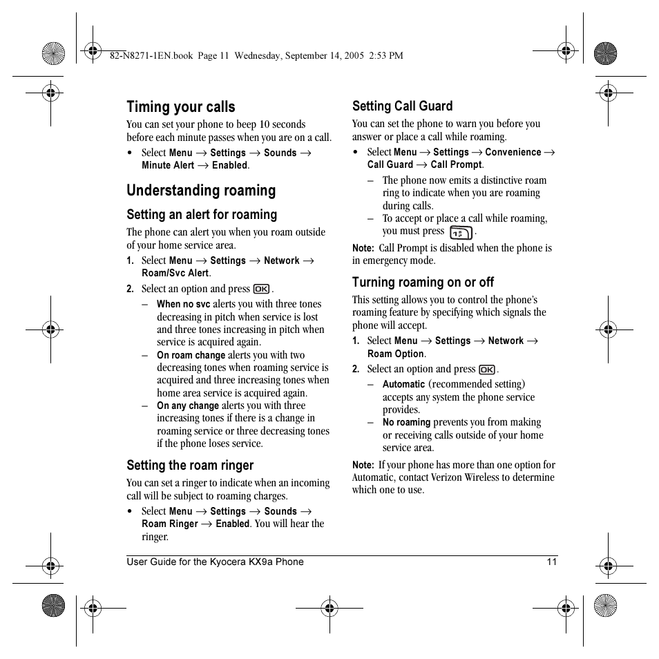 Timing your calls, Understanding roaming, Setting an alert for roaming | Setting the roam ringer, Setting call guard, Turning roaming on or off | Kyocera KX9 User Manual | Page 18 / 50