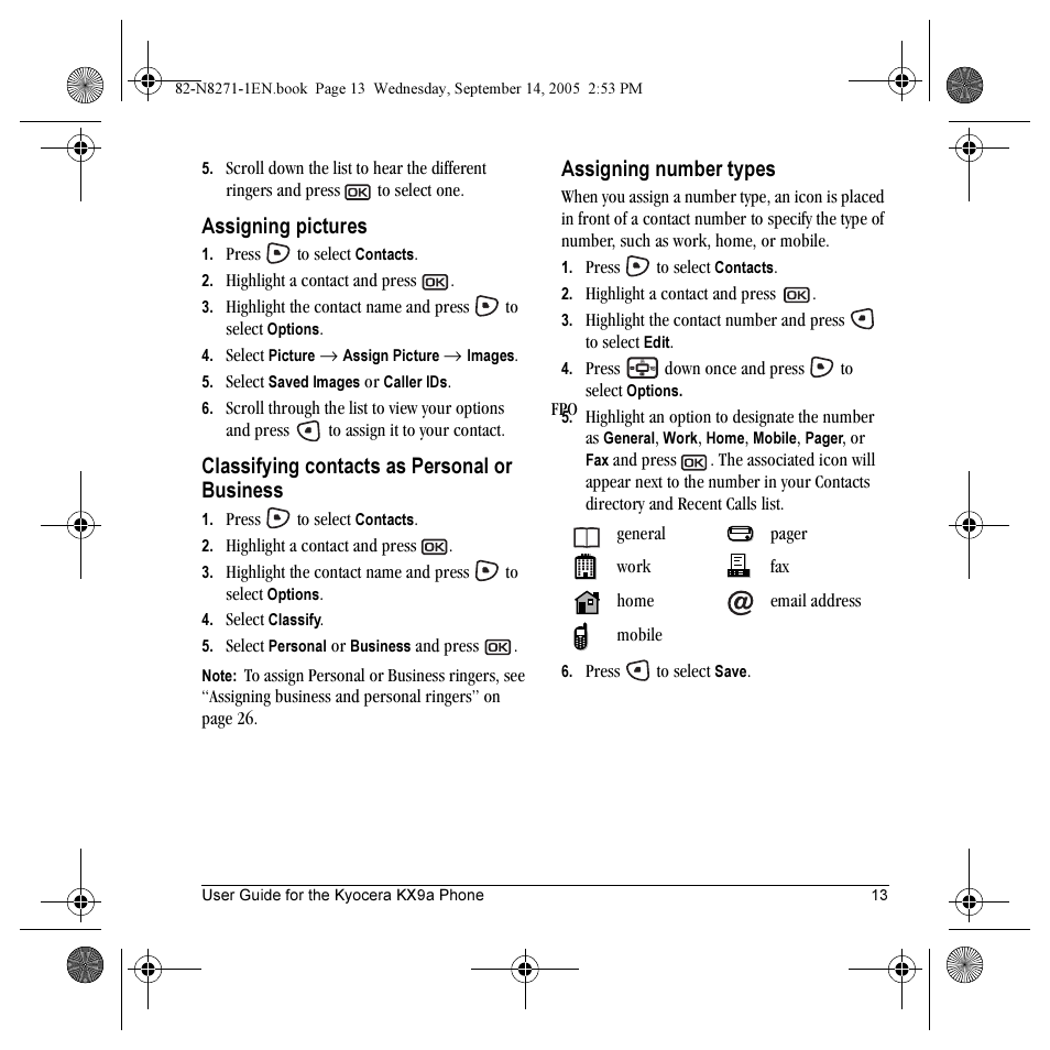 Assigning pictures, Classifying contacts as personal or business, Assigning number types | Kyocera KX9 User Manual | Page 20 / 50