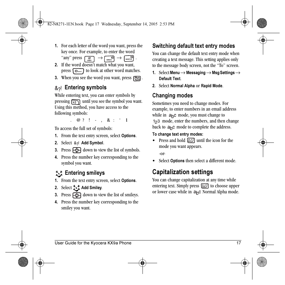 Capitalization settings | Kyocera KX9 User Manual | Page 24 / 50
