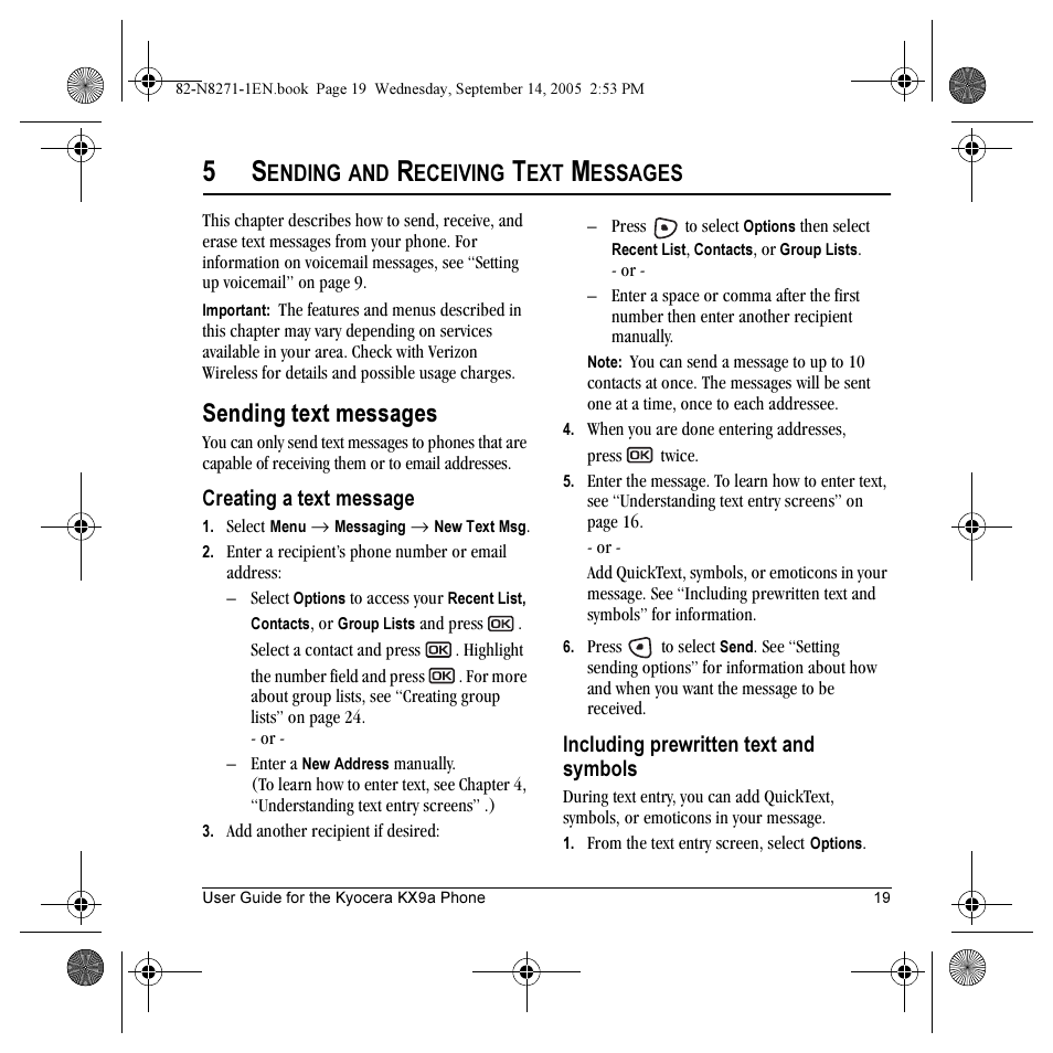 Sending text messages, Ending, Eceiving | Essages | Kyocera KX9 User Manual | Page 26 / 50
