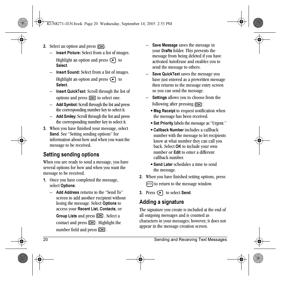 Setting sending options, Adding a signature | Kyocera KX9 User Manual | Page 27 / 50
