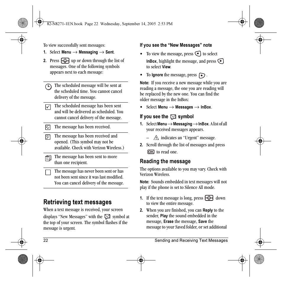 Retrieving text messages, Reading the message | Kyocera KX9 User Manual | Page 29 / 50