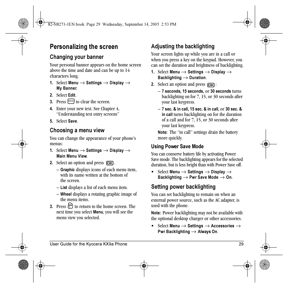 Personalizing the screen, Changing your banner, Choosing a menu view | Adjusting the backlighting, Setting power backlighting | Kyocera KX9 User Manual | Page 36 / 50