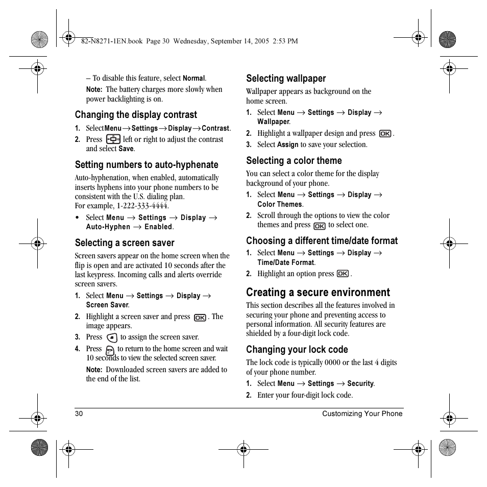 Creating a secure environment, Changing the display contrast, Setting numbers to auto-hyphenate | Selecting a screen saver, Selecting wallpaper, Selecting a color theme, Choosing a different time/date format, Changing your lock code | Kyocera KX9 User Manual | Page 37 / 50