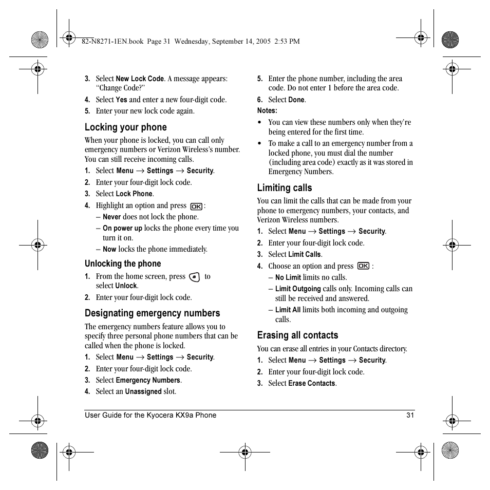 Locking your phone, Designating emergency numbers, Limiting calls | Erasing all contacts | Kyocera KX9 User Manual | Page 38 / 50