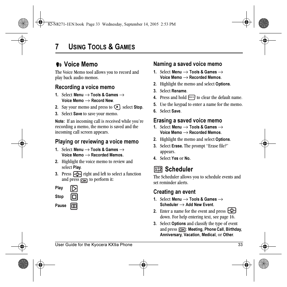 Scheduler, Sing, Ools | Ames, Creating an event | Kyocera KX9 User Manual | Page 40 / 50