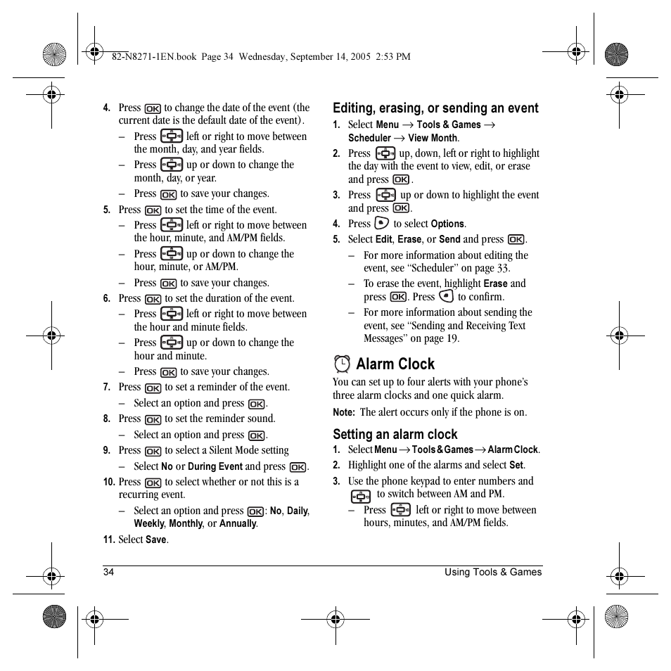 Alarm clock, Editing, erasing, or sending an event, Setting an alarm clock | Kyocera KX9 User Manual | Page 41 / 50