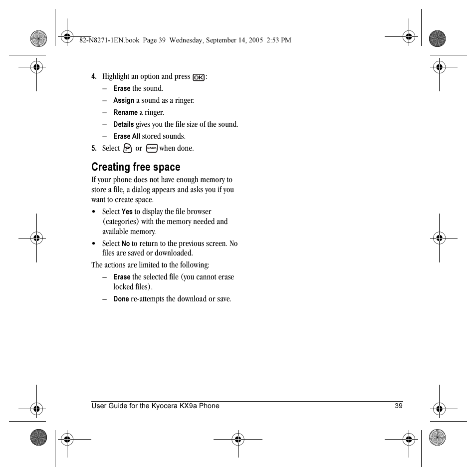 Creating free space | Kyocera KX9 User Manual | Page 46 / 50