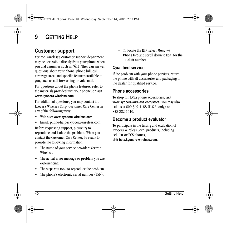Customer support, Etting | Kyocera KX9 User Manual | Page 47 / 50