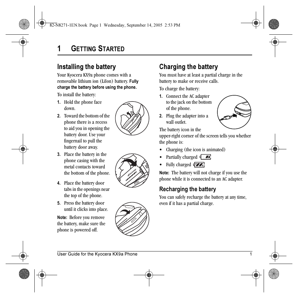 Installing the battery, Charging the battery, Etting | Tarted | Kyocera KX9 User Manual | Page 8 / 50