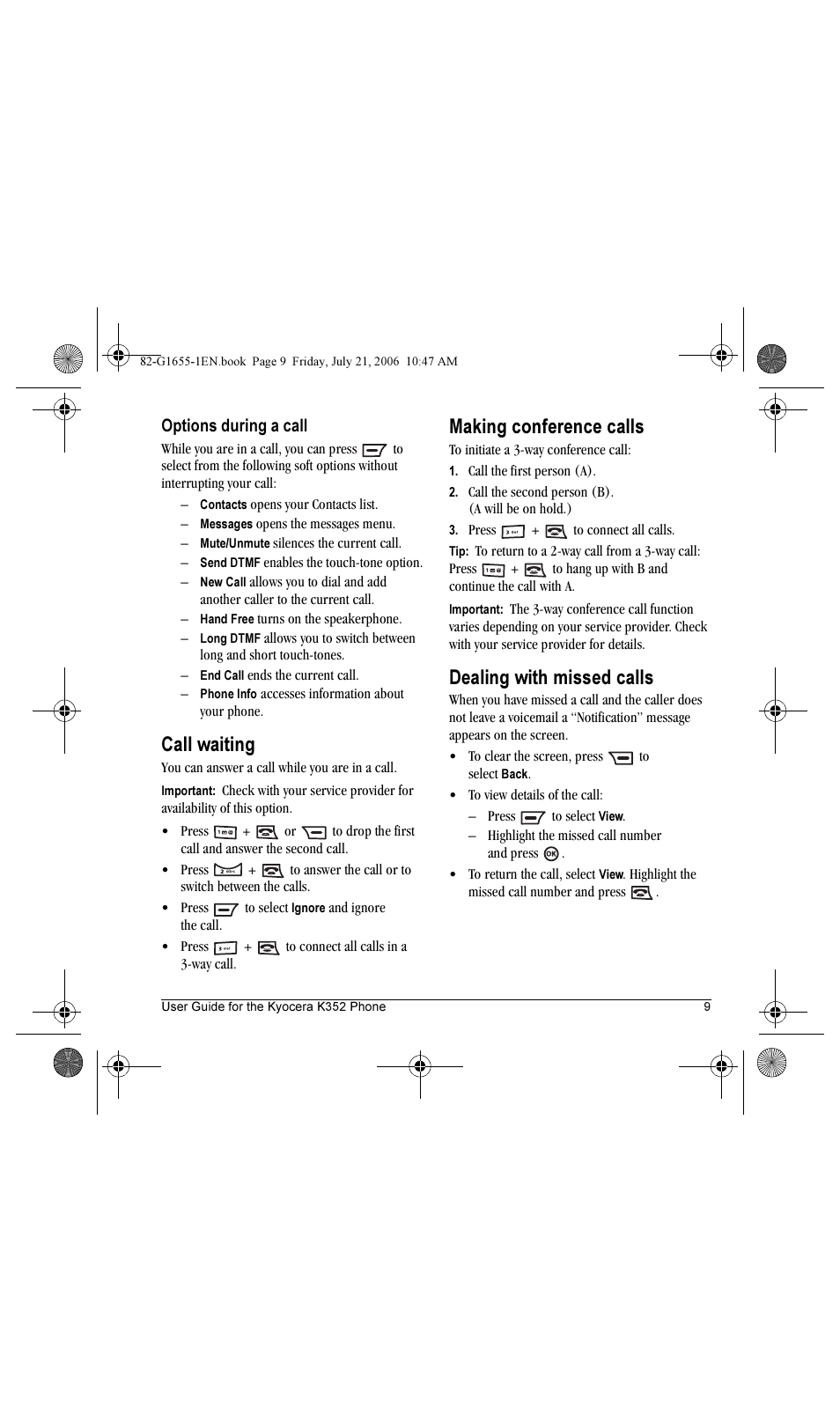 Call waiting, Making conference calls, Dealing with missed calls | Kyocera K352 User Manual | Page 15 / 64