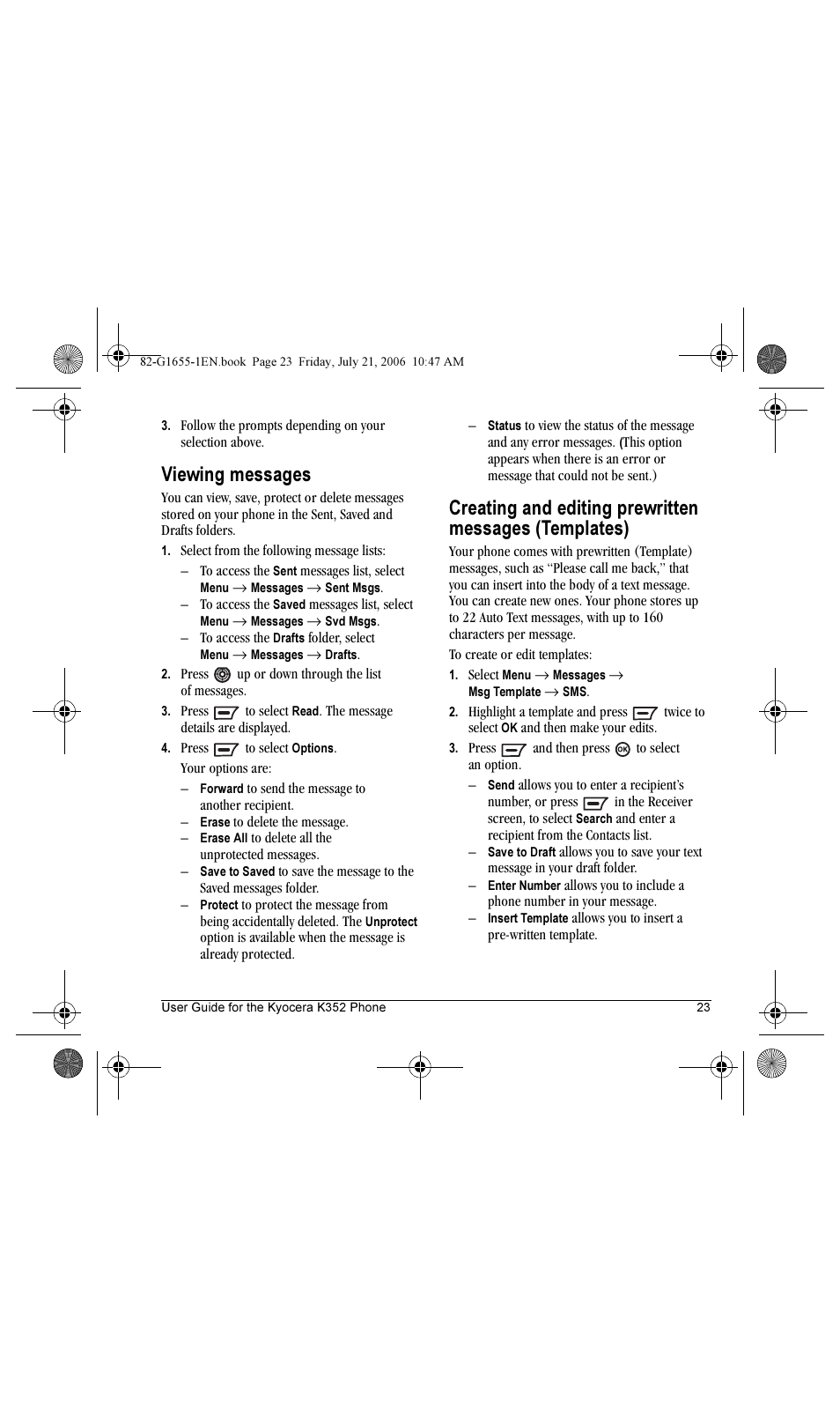 Viewing messages | Kyocera K352 User Manual | Page 29 / 64