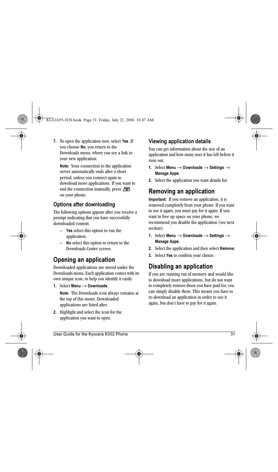 Opening an application, Removing an application, Disabling an application | Options after downloading, Viewing application details | Kyocera K352 User Manual | Page 37 / 64