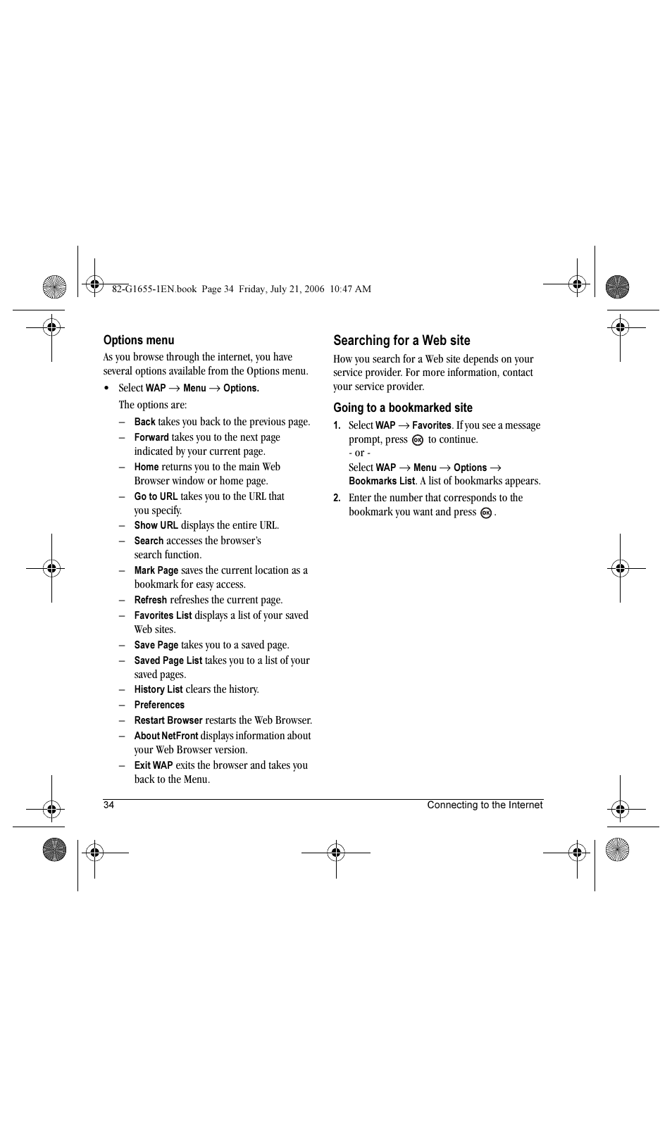 Searching for a web site | Kyocera K352 User Manual | Page 40 / 64