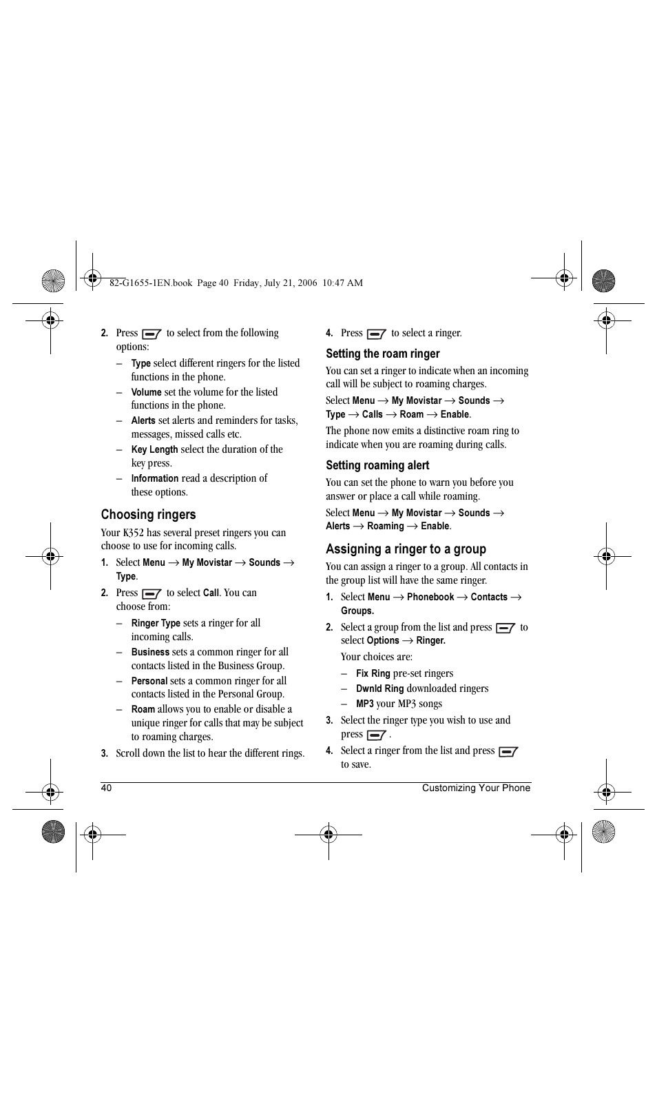 Choosing ringers, Assigning a ringer to a group | Kyocera K352 User Manual | Page 46 / 64