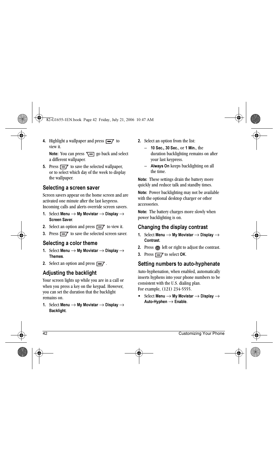 Selecting a screen saver, Selecting a color theme, Adjusting the backlight | Changing the display contrast, Setting numbers to auto-hyphenate | Kyocera K352 User Manual | Page 48 / 64
