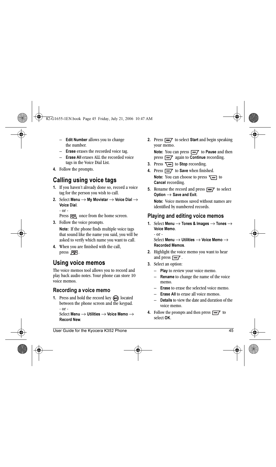 Calling using voice tags | Kyocera K352 User Manual | Page 51 / 64