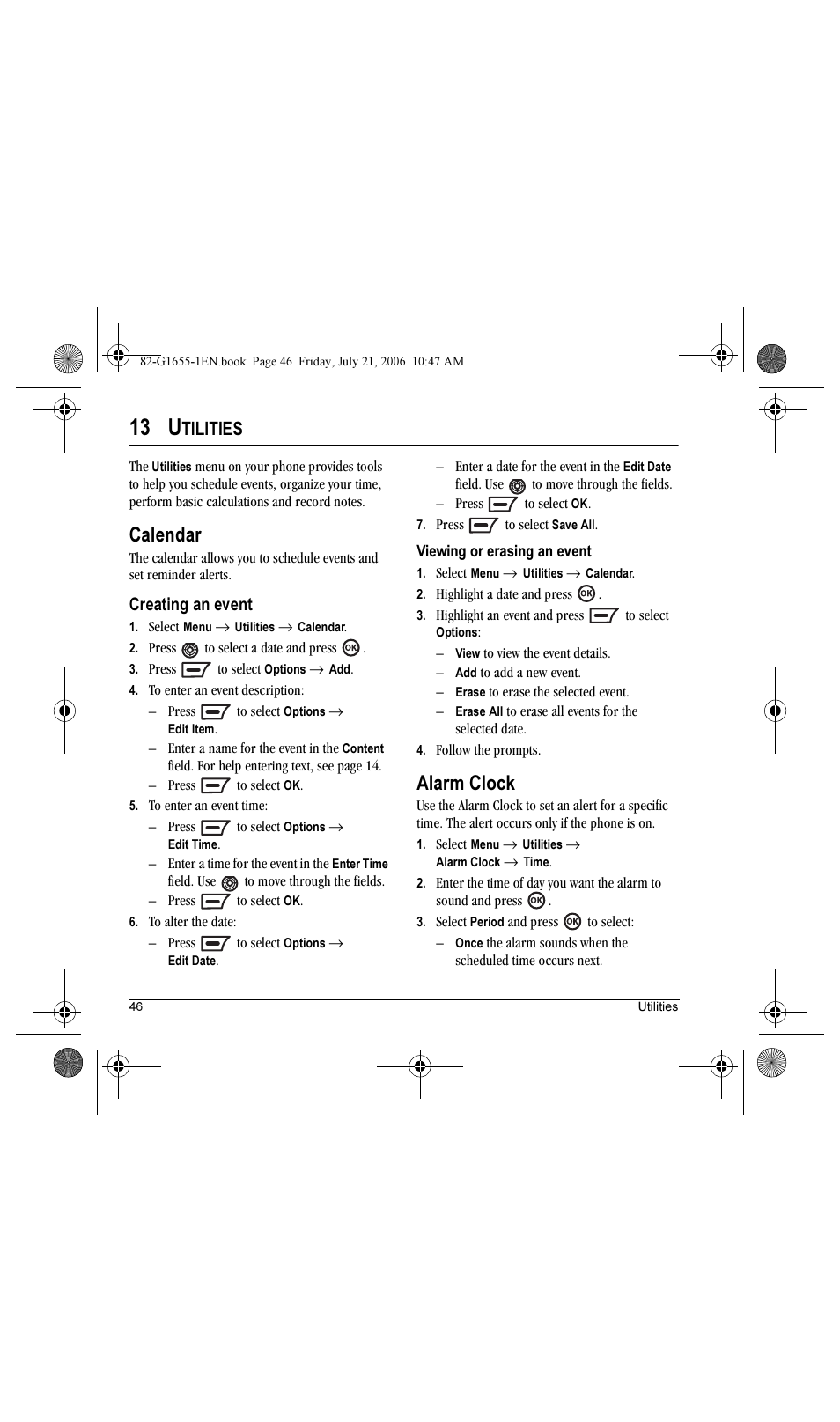 13 u, Calendar, Alarm clock | Tilities, Creating an event | Kyocera K352 User Manual | Page 52 / 64