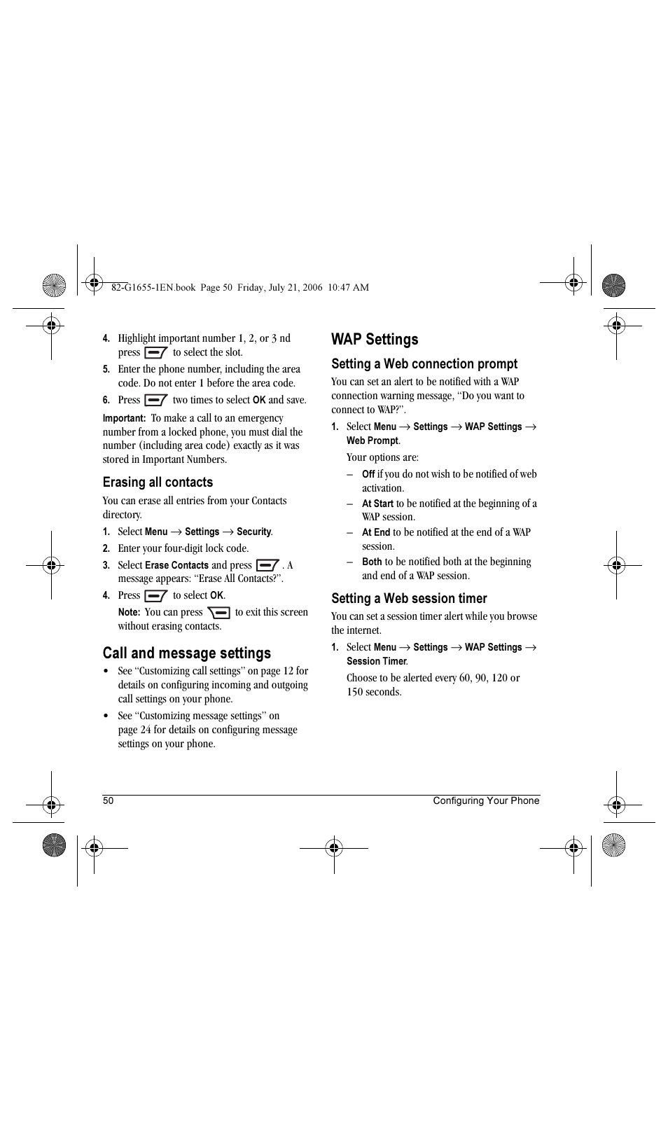 Call and message settings, Wap settings, Erasing all contacts | Setting a web connection prompt, Setting a web session timer | Kyocera K352 User Manual | Page 56 / 64