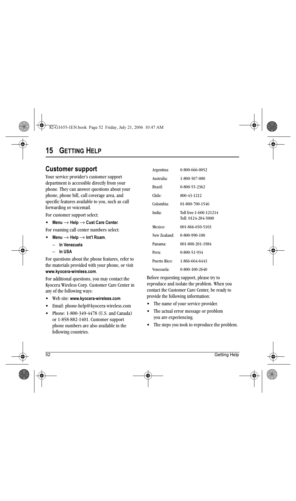 15 g, Customer support, Etting | Kyocera K352 User Manual | Page 58 / 64