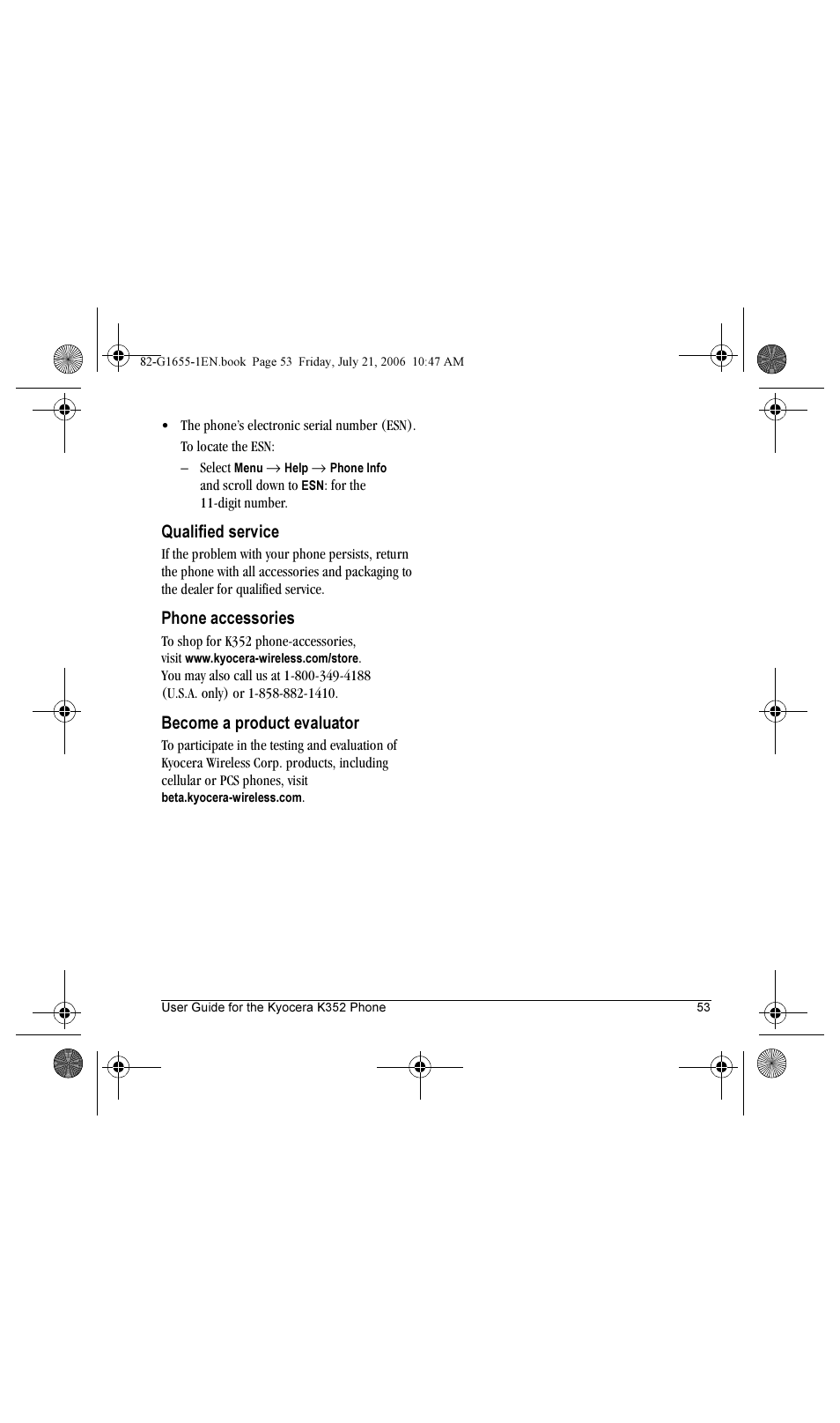 Qualified service, Phone accessories, Become a product evaluator | Kyocera K352 User Manual | Page 59 / 64