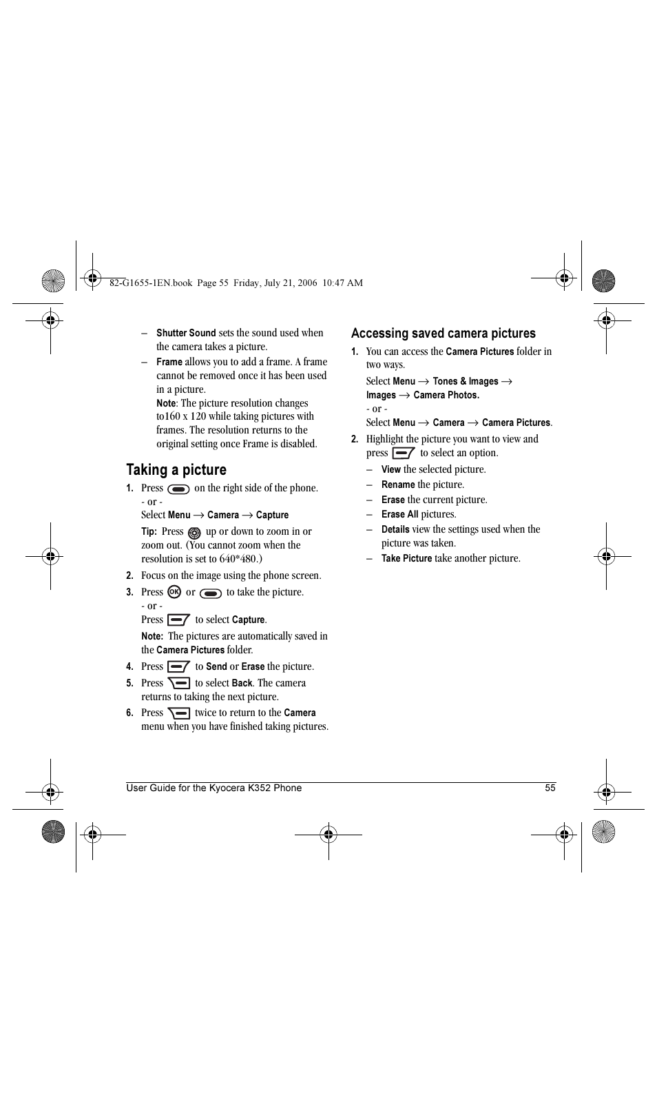 Taking a picture, Accessing saved camera pictures | Kyocera K352 User Manual | Page 61 / 64