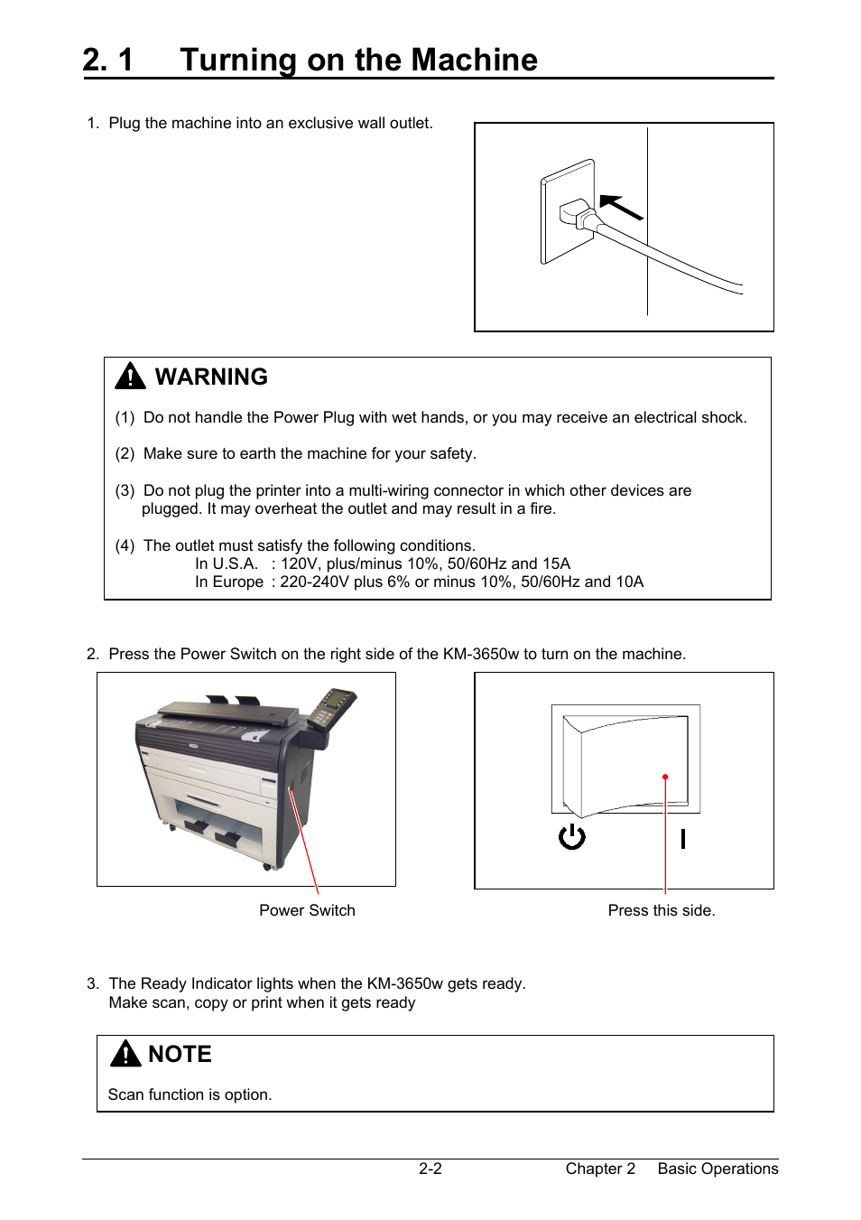1 turning on the machine, Warning | Kyocera KM-3650w User Manual | Page 19 / 62