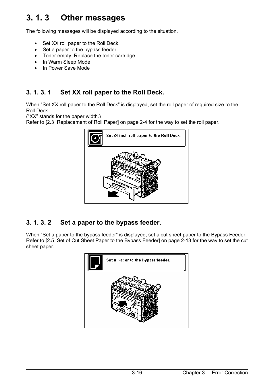 1. 3 other messages, 1. 3. 1 set xx roll paper to the roll deck, 1. 3. 2 set a paper to the bypass feeder | Kyocera KM-3650w User Manual | Page 49 / 62