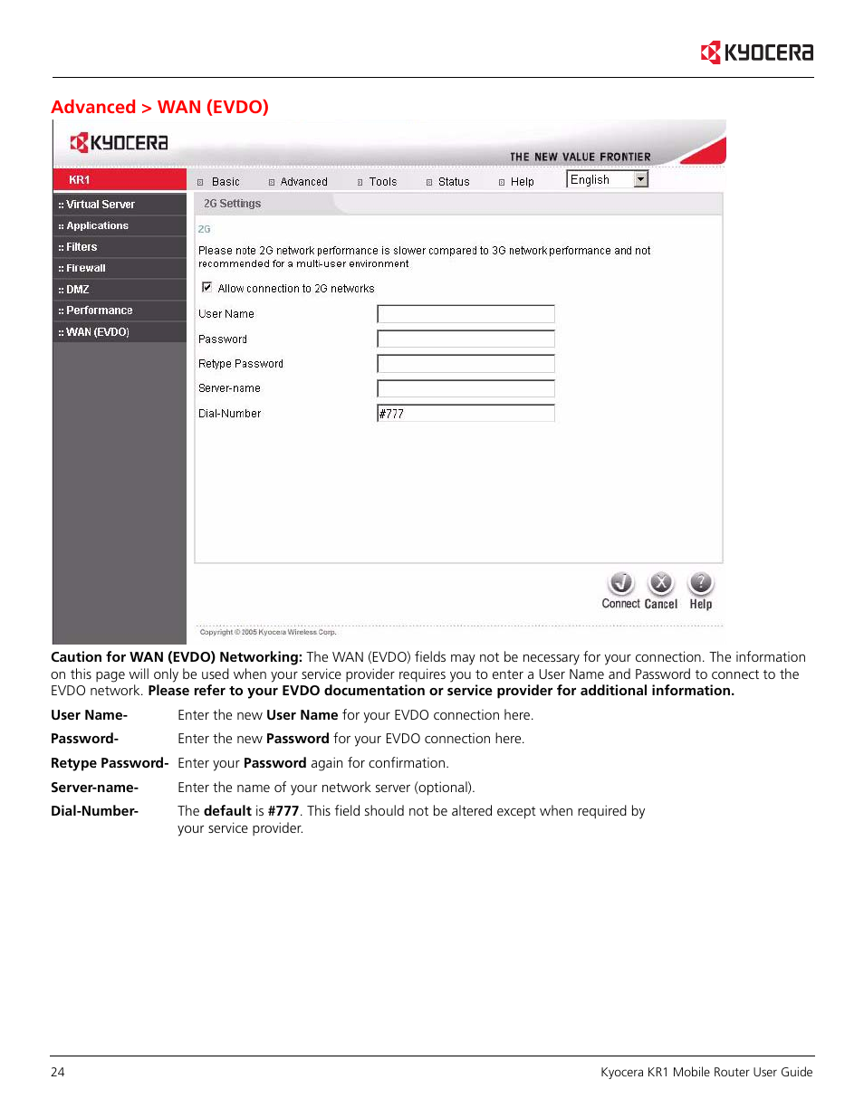 Advanced > wan (evdo) | Kyocera KR1 User Manual | Page 28 / 52