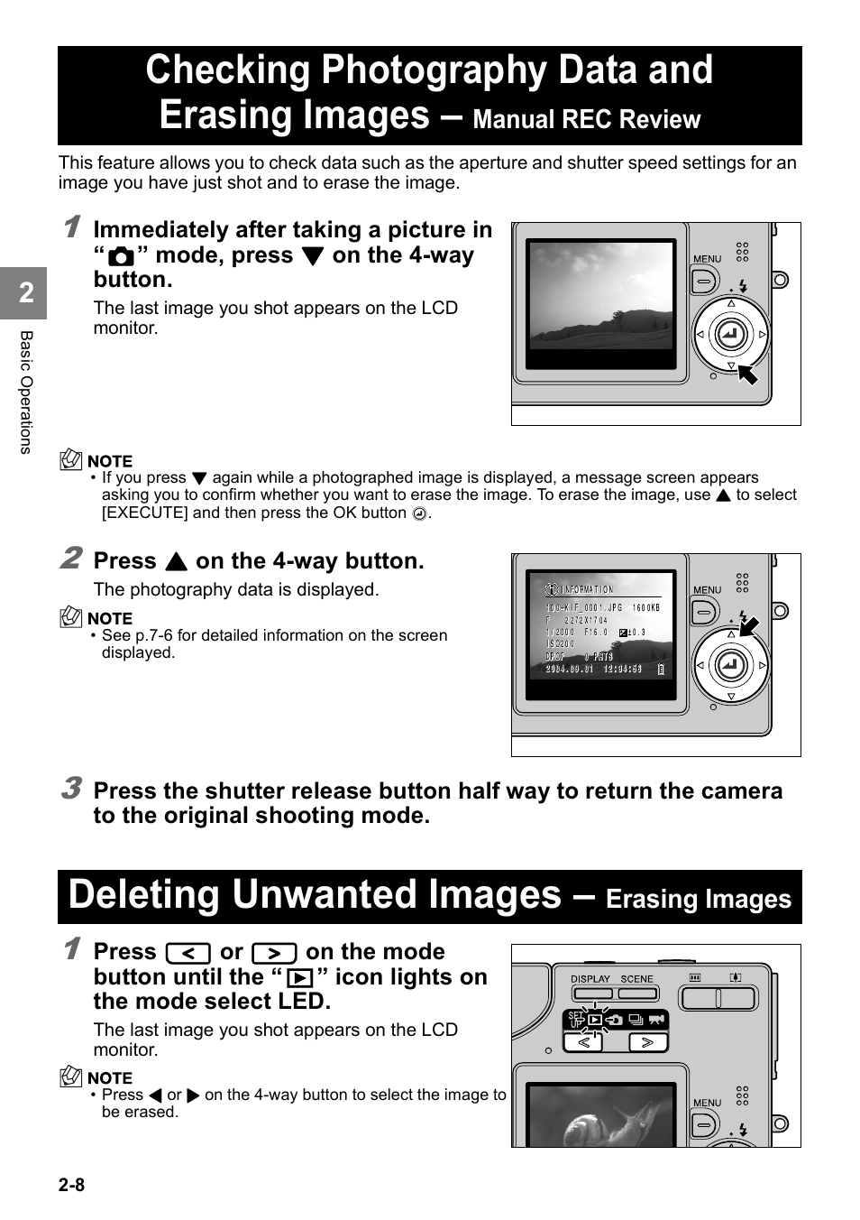 Checking photography data and erasing images, Deleting unwanted images, Manual rec review | Erasing images, Immediately after taking a picture in, Mode, press, On the 4-way button, Press, On the mode button until the, Icon lights on the mode select led | Kyocera Finecam SL400R User Manual | Page 32 / 134