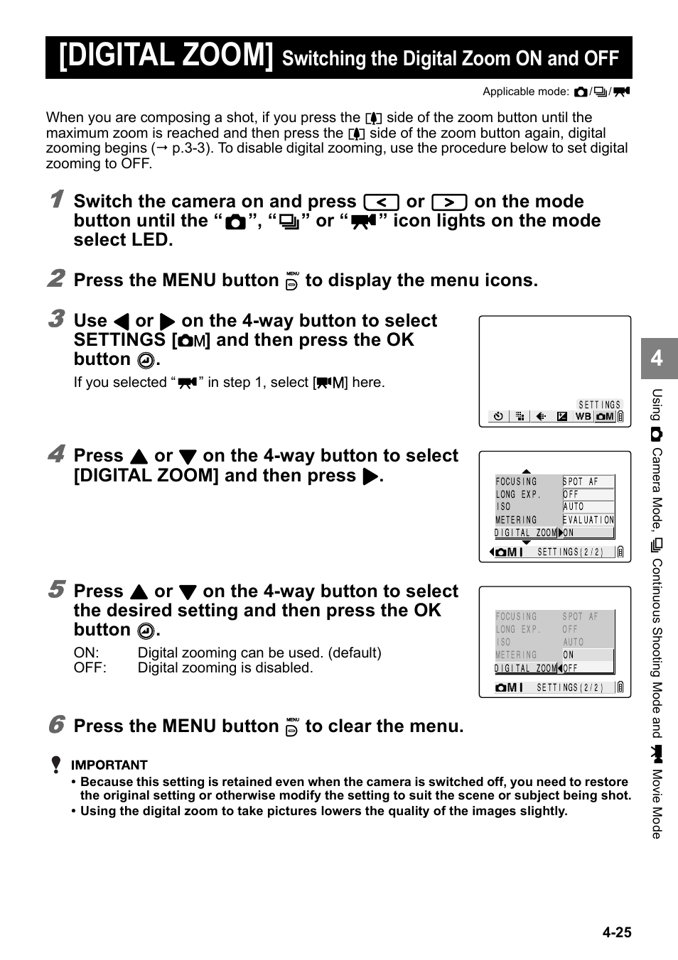 Digital zoom, Switching the digital zoom on and off, Switch the camera on and press | On the mode button until the, Icon lights on the mode select led, Press the menu button k to display the menu icons, Press, Press the menu button k to clear the menu | Kyocera Finecam SL400R User Manual | Page 83 / 134