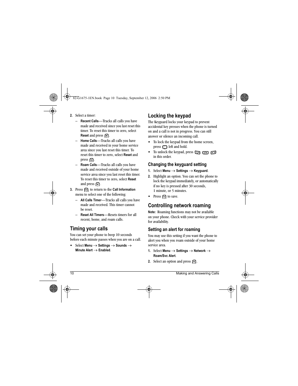 Timing your calls, Locking the keypad, Controlling network roaming | Kyocera K122 User Manual | Page 18 / 48