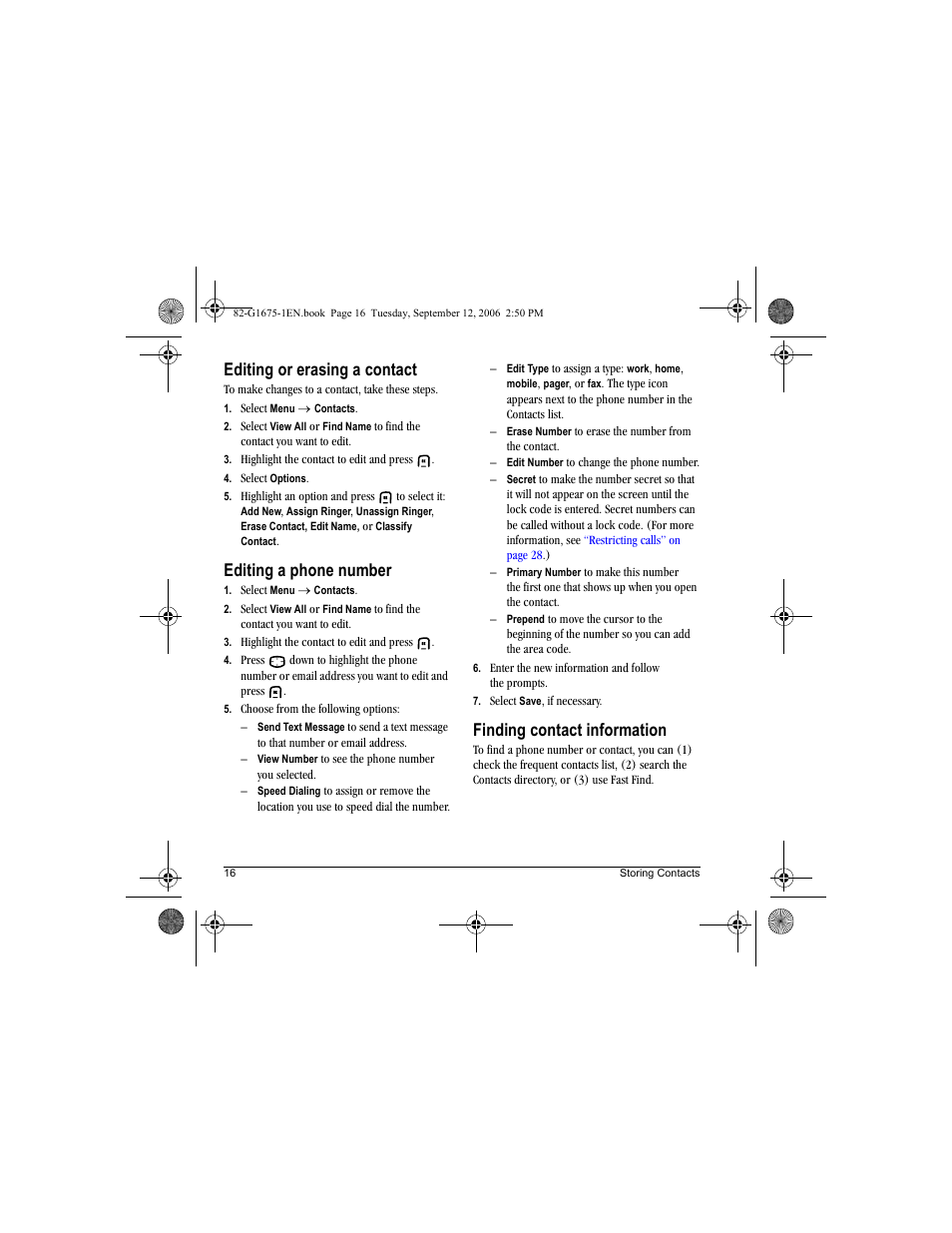 Editing or erasing a contact, Editing a phone number, Finding contact information | Kyocera K122 User Manual | Page 24 / 48