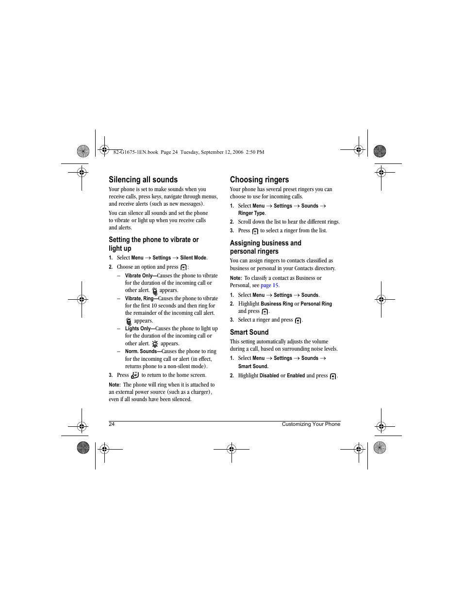 Silencing all sounds, Choosing ringers | Kyocera K122 User Manual | Page 32 / 48