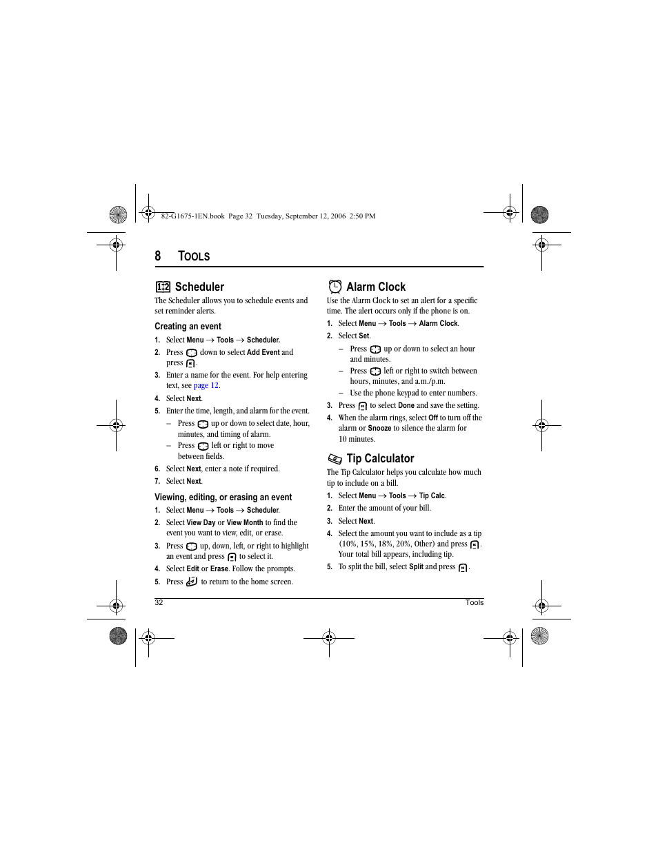 Scheduler, Alarm clock, Tip calculator | Ools | Kyocera K122 User Manual | Page 40 / 48