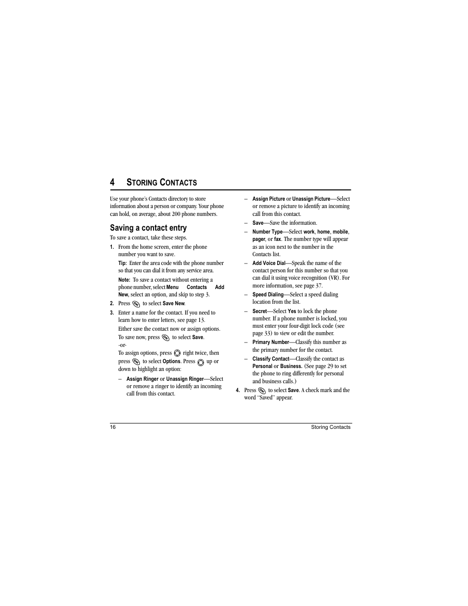 Saving a contact entry, Toring, Ontacts | Kyocera Phantom TXLCC10042B User Manual | Page 24 / 60