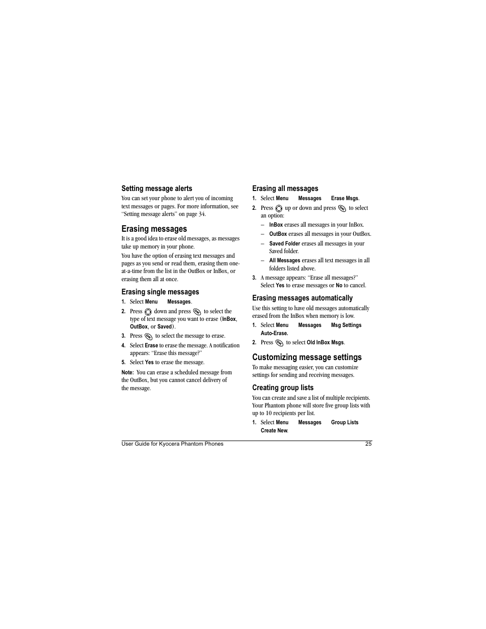 Erasing messages, Customizing message settings | Kyocera Phantom TXLCC10042B User Manual | Page 33 / 60